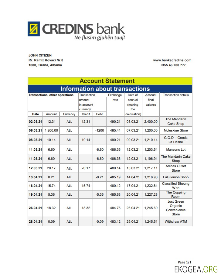 Modèle de relevé bancaire Albanie Credins au format Excel et PDF